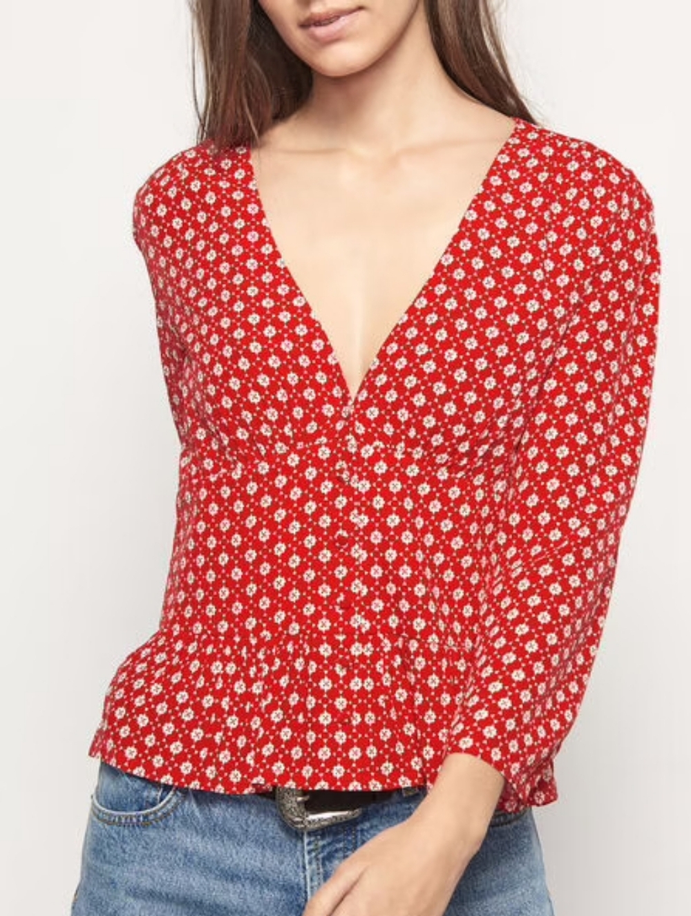 ba&sh Red Carlo Ruffled Floral Printed V-Neck Crepe Blouse Size 0